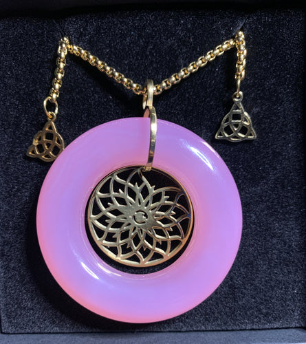 Pink Jade Healing Place Crest Golden Aprox 5cm 28in Adjustable Chain